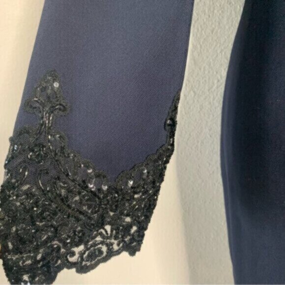Badgley Mischka Vintage Navy Blue Lace Trim Button Accent Midi Dress - Picture 9 of 16